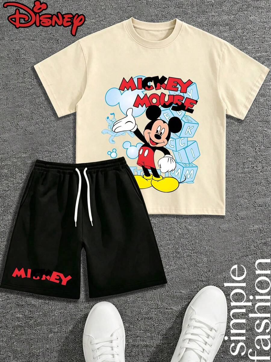 This Disney Mickey Mouse Themed T-Shirt And Shorts Set Features Eye-Catching Street-Style Cartoon Prints, A Relaxed And Casual Fit, And Pairs Perfectly With White Sneakers For A Stylish Look. It Exudes Youthful Energy. - 杏+黑 - 查看 1