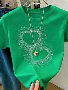 Women's T-Shirt, Y2K Style, Fashionable, New For 2026, Cute And Casual. Women's Black Short-Sleeved Casual T-Shirt With Sequined Heart Design, Round Neck, Regular Fit, 180g (Sizes S-XXXL). - 綠色 - 查看 10