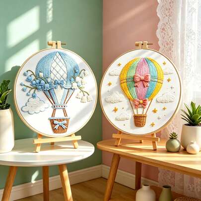 Bộ dụng cụ thêu khinh khí cầu mộng mơ, nơ cầu vồng + bộ đồ thủ công tự làm khinh khí cầu màu xanh dương họa tiết hoa linh lan, quà tặng thủ công dễ làm cho người mới bắt đầu.