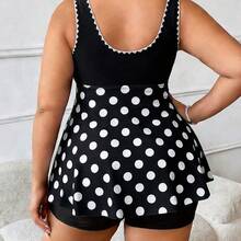 Swim Lushoire 2026 New Plus Size Women 2pcs Ruffled Drawstring Black & White Polka Dot Dress Swimwear With High Waist Shorts Set, Beach Holiday - Multicolor - Ver 3