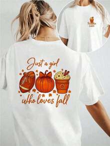Camiseta Gráfica de Otoño para Mujer, Camiseta de Algodón de 220 g/m² con Estampado de Doble Cara, Cuello Redondo, Estilo Casual (1 Pieza) - Blanco - Ver 1