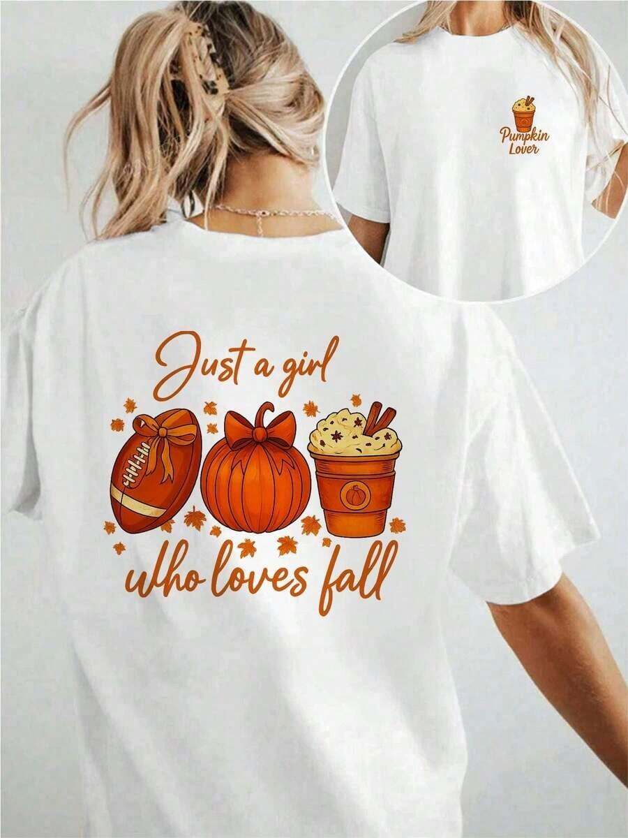 Camiseta Gráfica de Otoño para Mujer, Camiseta de Algodón de 220 g/m² con Estampado de Doble Cara, Cuello Redondo, Estilo Casual (1 Pieza) - Blanco - Ver 1