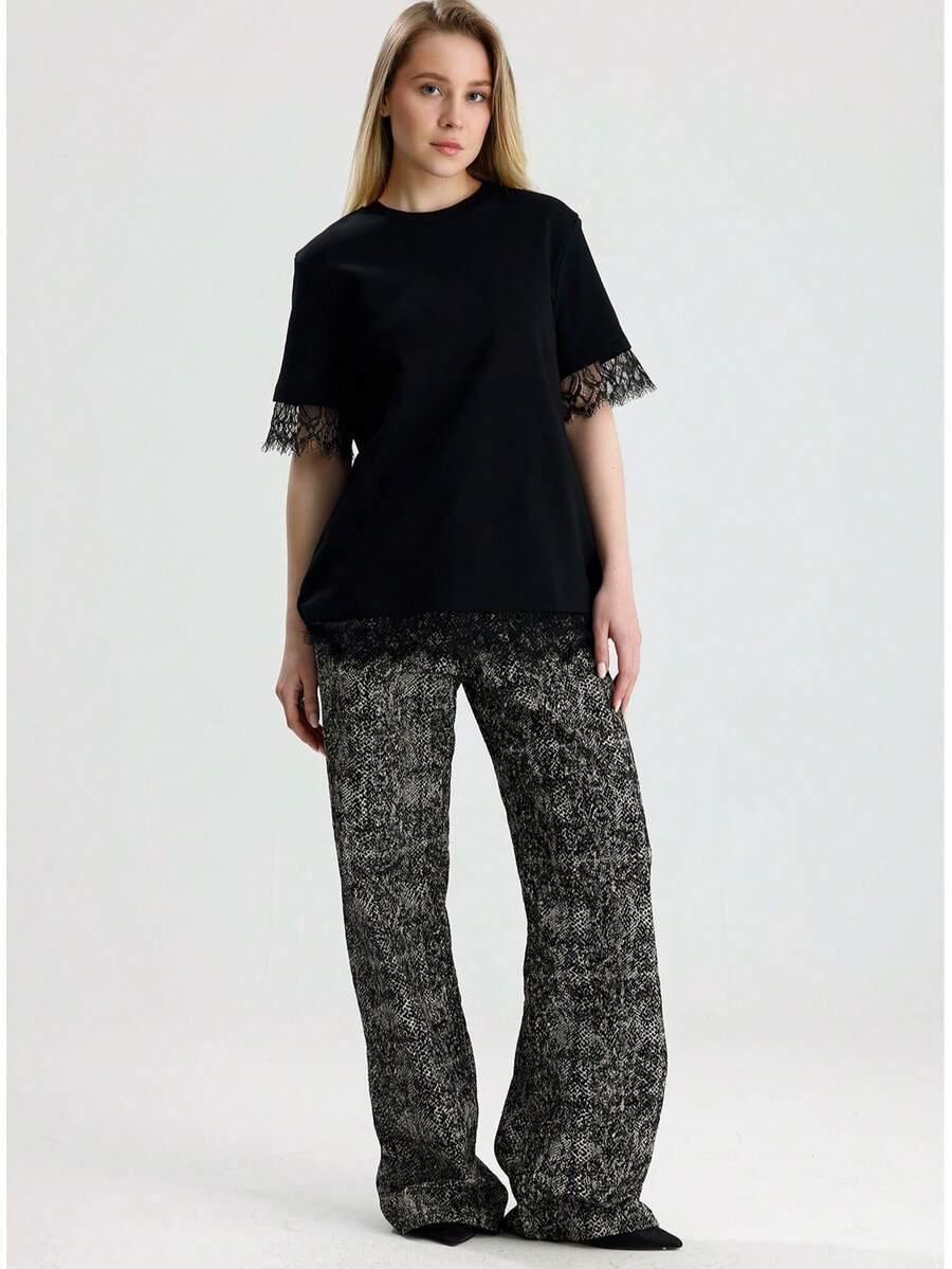 RoseArya Premium Cotton Lace Sleeve & Back T-Shirt - Black - View 1