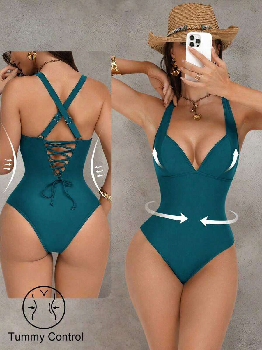 Traje de baño de una pieza con control de abdomen y push-up, con parches de color marrón, cordón de ajuste elegante y sexy, para fiestas y piscina - Agua verde azul - Ver 1