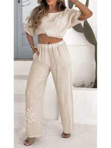 Women's Linen Blend Two-Piece Set With Embroidered Floral Top And Wide Leg Pants - Apricot - View 3