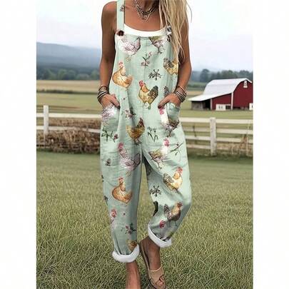 (Free Shipping)Women's Farm Chicken Floral Print Knit Overalls With Pockets, Machine Washable, Casual Vacation Outfit, Versatile For Daily Wear & Sports
