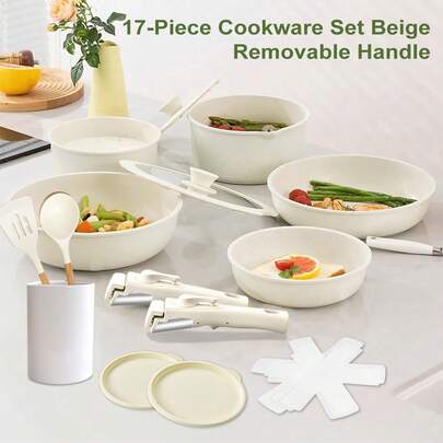 17-Piece Cookware Set With Removable Handles – Detachable Handle Pots And Pans, Beige, Suitable For Oven Bakeware, Non-Stick Coating, Universal For Induction Gas Electric Ceramic Cooktops – Space-Saving Kitchen Set, Stackable
