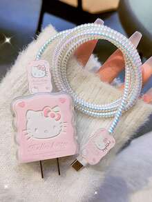 SANRIO 1 Set Protector de cable de datos con forma de gato blanco hueco y lazo de strass rosa, compatible con Apple - Rosa - Ver 1