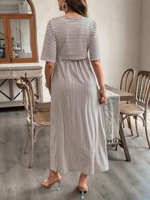 Vestido listado para maternidad y lactancia, moda adecuada para el verano - Caqui - Ver 2