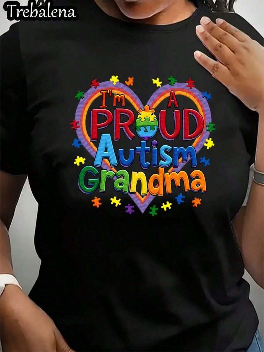 Camiseta de talla grande para abuela orgullosa de su autismo - Camiseta de concientización sobre el autismo con diseño de corazón de rompecabezas colorido, camiseta de tela suave de talla grande (0XL-4XL), lavable a máquina, regalo para abuelas de familias con autismo - Atuendo casual. - Blanco - Ver 1
