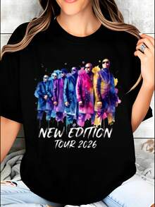 Ropa de Tallas Grandes para Mujer, Camiseta con Temática del Concierto de Música R&B de la Banda New Edition 2026 - Camiseta clásica casual de cuello redondo con estampado, adecuada para uso diario, lavable a máquina, ropa exclusiva para fans de New Edition, blusas para mujer, playeras de mujer, blusas casuales para dama, tops, adecuada para fiestas y uso diario, perfecta para vacaciones y momentos de ocio, ideal para fiestas y vacaciones en familia. - Negro - Ver 1