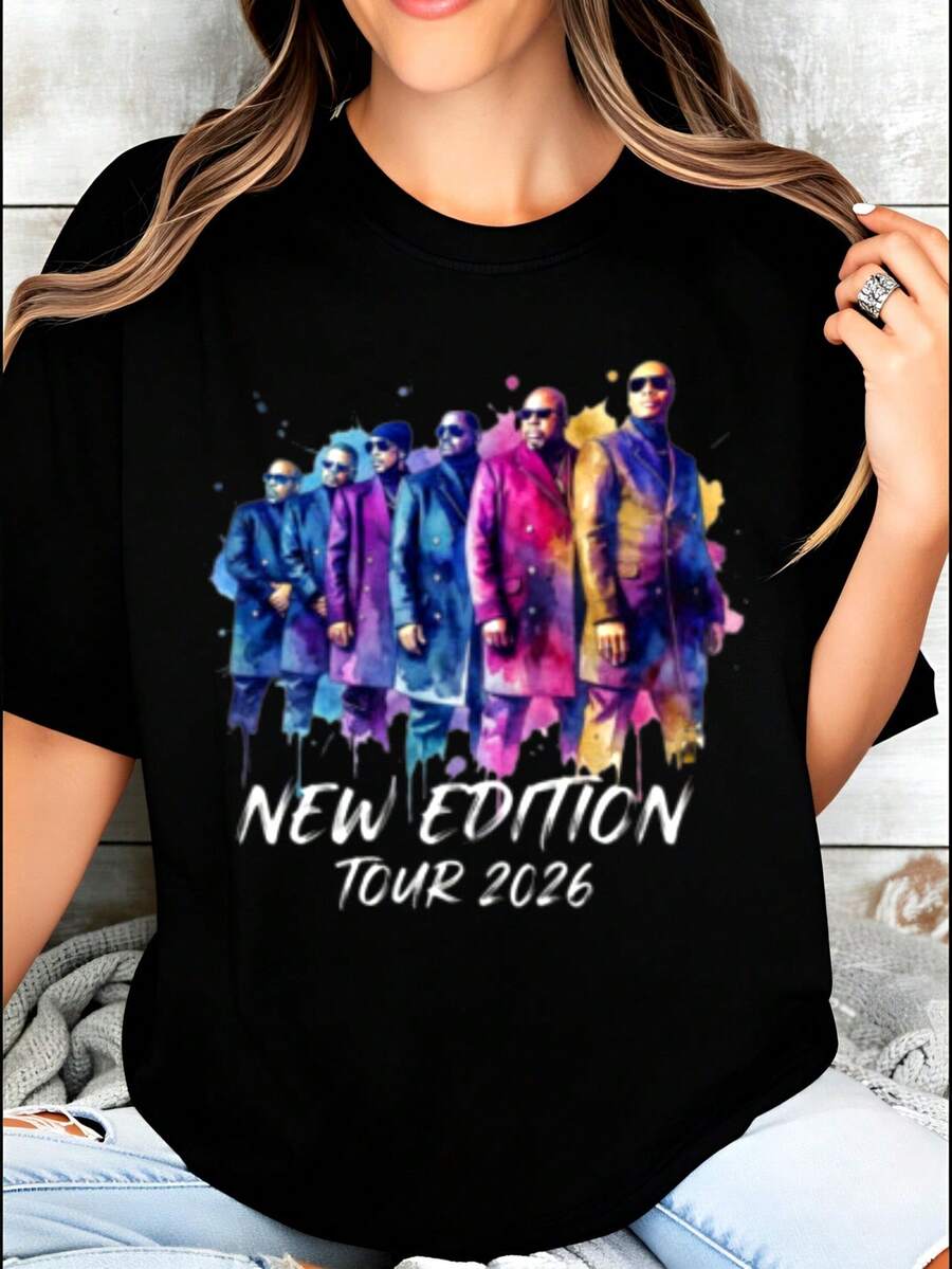 Ropa de Tallas Grandes para Mujer, Camiseta con Temática del Concierto de Música R&B de la Banda New Edition 2026 - Camiseta clásica casual de cuello redondo con estampado, adecuada para uso diario, lavable a máquina, ropa exclusiva para fans de New Edition, blusas para mujer, playeras de mujer, blusas casuales para dama, tops, adecuada para fiestas y uso diario, perfecta para vacaciones y momentos de ocio, ideal para fiestas y vacaciones en familia. - Negro - Ver 1