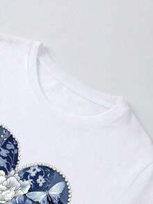 1pscINAWLY Camiseta de manga corta informal y versátil con estampado de corazón para mujer, 100% algodón - Blanco 2 - Ver 3