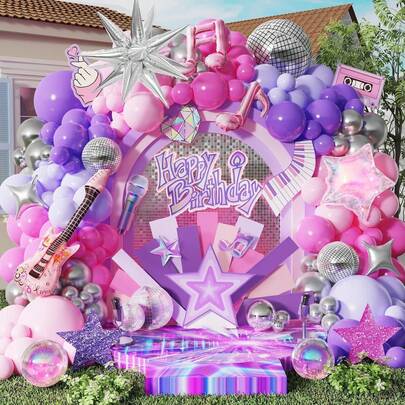 K-Pop Music Hunter Theme Party Decoration Balloon Arch Set, 136 Pink, Purple And Silver Balloons, Including Disco Balls, Guitars, Musical Notes, And Colorful Star Foil Balloons, Suitable For Fan Parties, Music Festivals, Disco Parties, Masquerade Parties, Bachelor/Bachelorette Parties, Birthday Parties And Other Occasions.