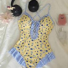 MOD Ruffle Patchwork Front-Tie Strawberry Print Contrast Color One-Piece Swimsuit, Cute, Kawaii - Amarillo - Ver 6