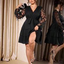 Cravure Plus Size Women's Elegant Deep V-Neck Party Dress, Black Sequin Mesh Tie Waist Slim Fit Long Lantern Sleeve Ruffle Hem Knee-Length Sexy Mini Dress, Suitable For Valentine's Day, Music Festival, Halloween, Christmas Party, Prom, Holiday, Date, Wedding - Dorado - Ver 6