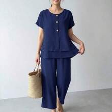 2 piezas Conjunto informal de verano para mujer de unicolor, cuello redondo, manga corta, holgado - Azul - Ver 8