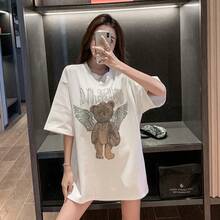 Camiseta de manga corta holgada de verano para mujer, 200g, de puro algodón, marca de moda personalizada con diseño de oso de pedrería resistente, talla grande. - Blanco - Ver 3