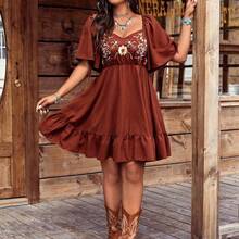 Bohemian Nomadic Style Placement Embroidery Square Neck Big Ruffle Sleeve Women Short Dress Elegant Summer - Negro - Ver 6