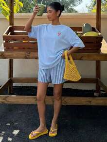 Women's Casual Loose Fit Beach T-Shirt With Lobster Stripe And Letter Print, Summer Beach Shirt, Pastel Colors, Suitable For Vacations, Graduation Trips, Beach Parties, Music Festivals - 天藍色 - 查看 5