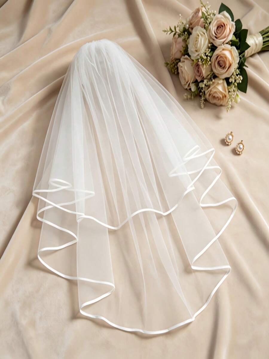 Double-Layer Satin Edged Soft Tulle Bridal Veil, Minimalist Elegant Wedding Ceremony Accessory - Multicolor - View 1