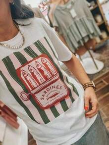 Camiseta de manga corta de cuello redondo con estampado de sardinas enlatadas, de ajuste regular, adecuada para primavera y verano, color blanco SYKB 4L1Y - Negro - Ver 4