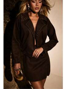 Women's Suede Country Western Set: Jacket And Short Skirt With Slit, High Waist, Elegant Party/Rodeo Style - Coffee Brown - View 1
