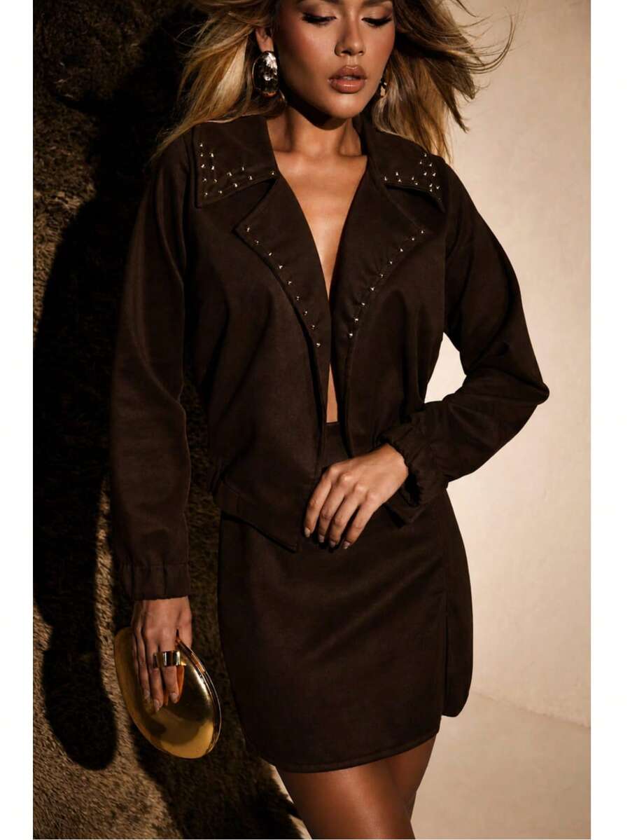 Women's Suede Country Western Set: Jacket And Short Skirt With Slit, High Waist, Elegant Party/Rodeo Style - Coffee Brown - View 1