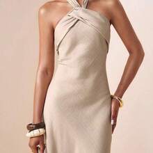 Spring 2025 New Arrivals Easter Birthday Parties Dates Everyday Outings Basic Versatile Casual Vacation Cruise Travel Beach Trending Hits Street Style Bohemian Chic Commuter Wear Brunch Outfits Airport Style Parties Holidays Elegant Banquets Dances Daily Commute Leisure Refined Elegance Street Fashion Minimalist Commuter Halter Neck Backless Pleated Detail Asymmetrical Design Hidden Pockets Elastic Waistband Asymmetrical Pleated Halter Neck Elastic Waistband Back Neckline A-Line Maxi Dress - Caqui - Ver 2