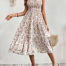 Floral Print Layered Hem Dress Maxi Vacation Beach Outfits Women - Blanco - Ver 8