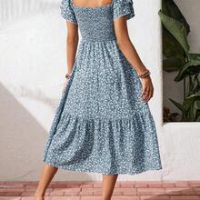 Square Neck Ditsy Floral Casual Summer Short Sleeve Dress Maxi Vacation Beach Outfits Women - Marrón - Ver 9