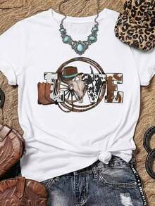 Camiseta femenina casual estilo vaquero con estampado de letras LOVE y elementos western, tela suave, corte holgado, cuello redondo, manga corta para primavera/verano fiestas al aire libre - Blanco - Ver 7
