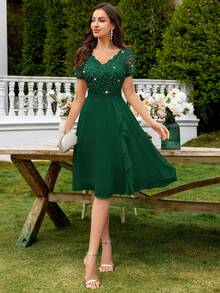 MIUSOL Gaun Pesta Model Swing Chiffon dengan Hiasan Ruffle Renda Bunga Berpayet Leher V, Gaun Pesta Elegan untuk Wanita di Musim Panas - Dark Green - View 9