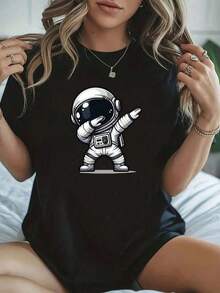 Camiseta con estampado creativo de gesto de astronauta | Cuello redondo para mujer, manga corta, tejido de alta elasticidad, ropa casual para todas las estaciones, ideal para festivales, regalos de , ropa elegante para damas, disfraces, juegos de rol, ropa de club, regalo de San Valentín Y2k Camiseta Camisa De - Negro - Ver 1