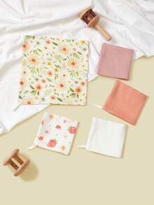Bộ 5 chiếc yếm ăn cho bé bằng vải cotton mỏng in hình hoa và động vật hoạt hình, khăn ăn, khăn lau nước bọt. - Nhiều màu - Xem 8