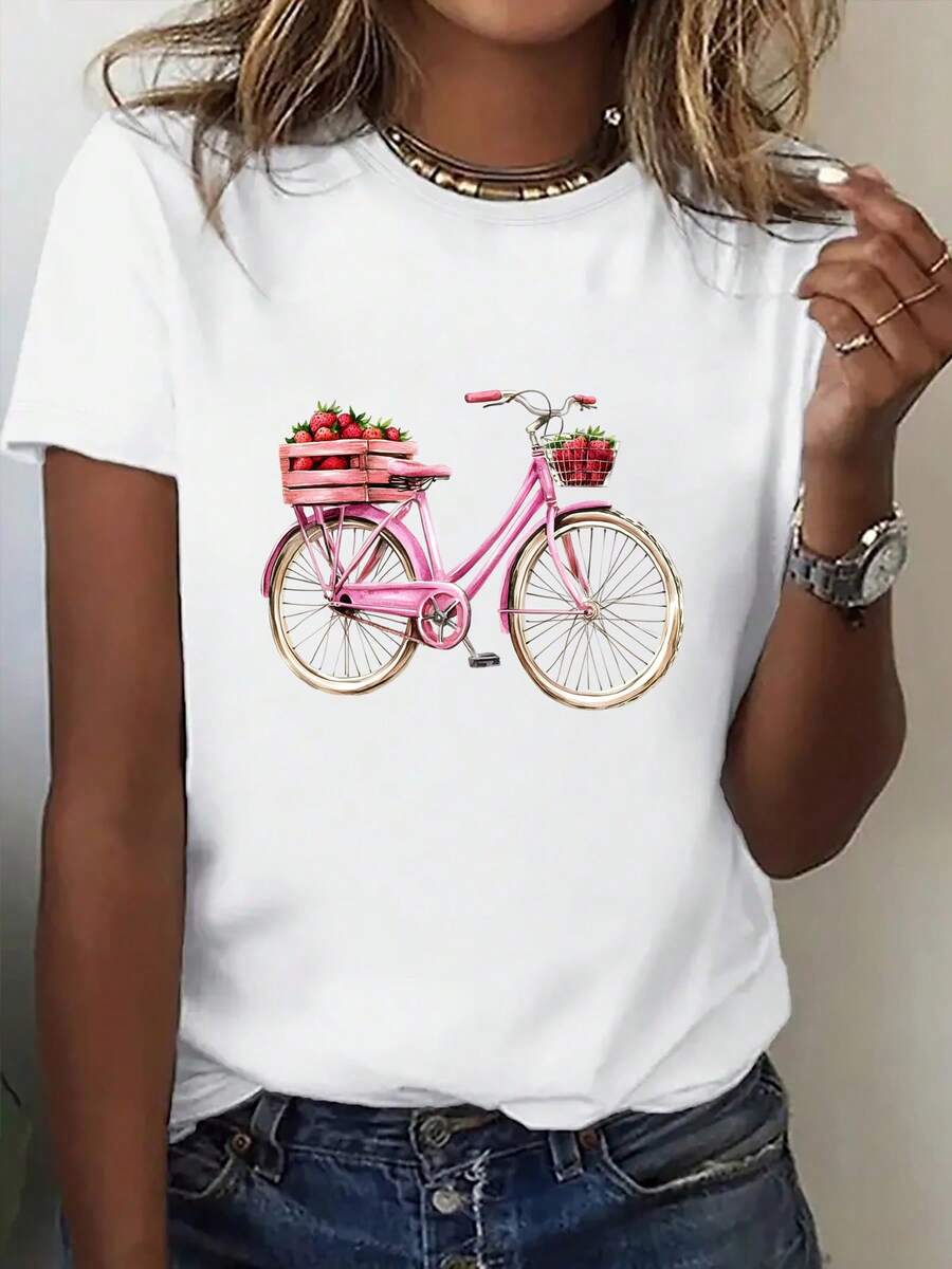 A Women's Short-Sleeved Printed T-Shirt With An Artistic Round Neck Design, Adorned With A Pink And Strawberry Bicycle Print, Perfect For Casual Sports And Summer Coolness. This Comfortable Basic T-Shirt Is Ideal For Outdoor Activities And Is A - 白色 - 查看 1