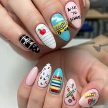 24pcs Book Pattern Short Nail Stickers, Apple Design Nail Art Decals, Waterdrop Shaped Nail Wraps, Convenient For Daily, Party, Travel, Manicure - Multicolor - View 10