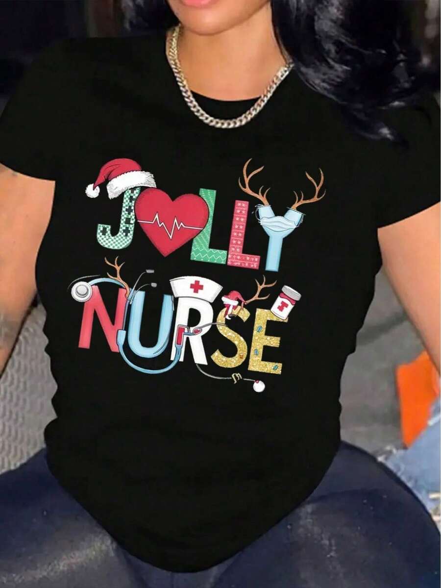 Camiseta Casual de Manga Corta para Mujer Navidad 1 Pieza 100% Algodón Pesado - Cuello Redondo Cómodo, Tops Suaves y Adorables - Negro - Ver 1