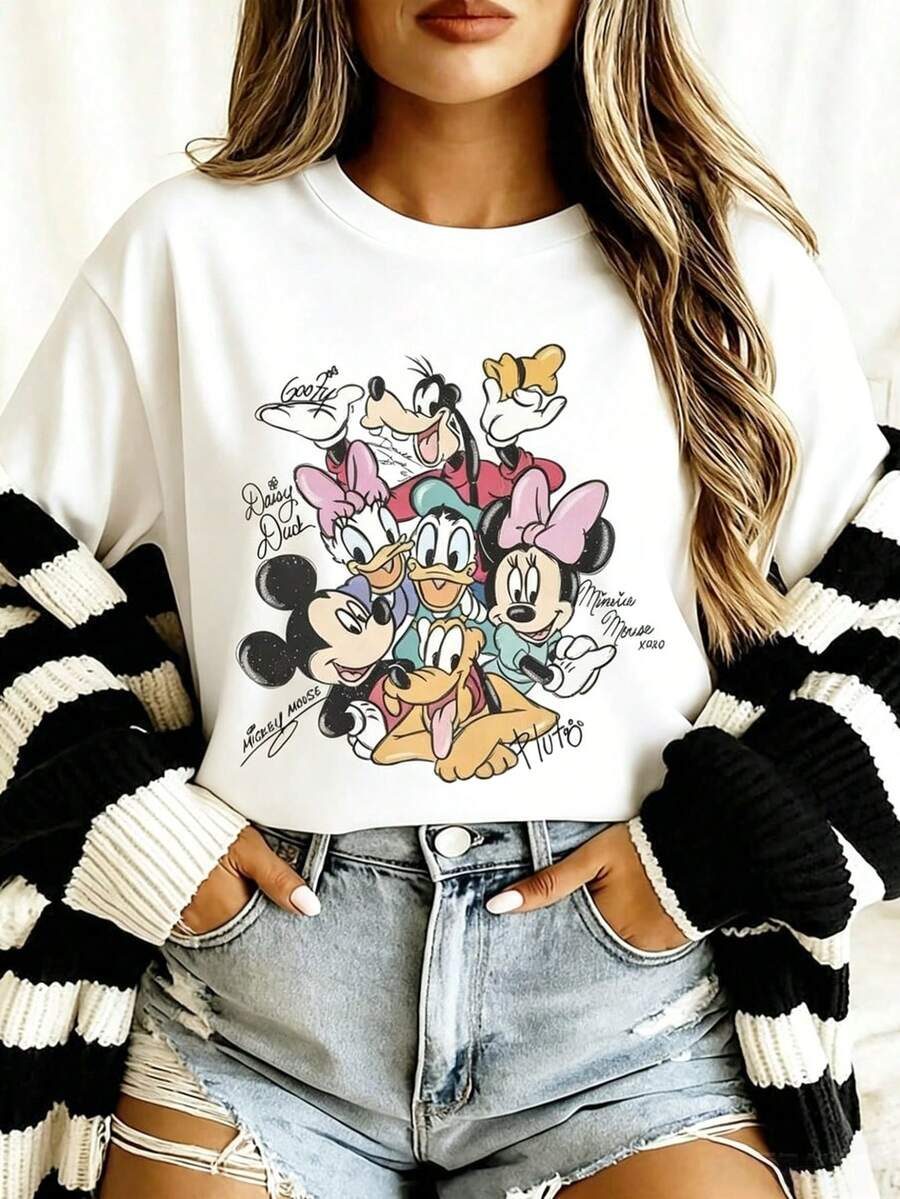 Including Disney Fashion Prints, Summer T-Shirts, Minnie Daisy And Other Cute Character Prints, Suitable For Daily Wear, Easy To Wear In Summer, Micro-Elastic, Soft Round Neck Casual Everyday Tops, Including Disney Fashion Prints, Round Neck Summer Sweatshirts, For Both Men And Women, Holiday Gifts.--Disneys Disneyland Paris The Magic Kingdom Disneyesque The House Of Mouse Mickey Mouse Empire Modest Summer Outfits Take That T Shirt Summer Coord Tops For Women Summer Summer Clothes Women Summer Clothes Summer Tops Summer Tops Women Summer Co Ord Summer Top Summer Outfits White Top Black Top Holiday Outfits For Women  Tops For Women Summer Holiday Gifts Valentine's Day Gifts Earth Day Gifts Oktoberfest Gifts Summer Bank Holiday Gifts - White - View 1