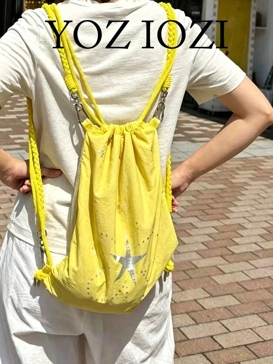 韩版独立设计ins风学生背包,休闲通勤户外日常购物时尚明星抽绳口袋轻便可折叠背包,大容量,适合女性大学生旅行 - 黃色 - 查看 1