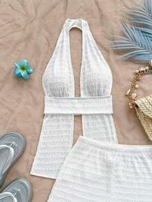 Conjunto de 2 piezas de top halter y shorts de moda para mujer de vacaciones - Blanco - Ver 4