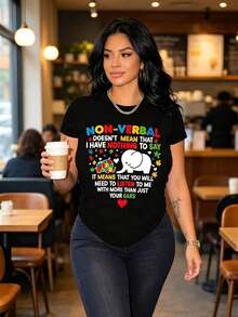 Cotton T-Shirt With Mexican Art Print And Autism Puzzle, Casual Style, Short Sleeve, Round Neck, Fashion For All Seasons, Women's Clothing, Matching Family T-Shirt - 黑色 - 查看 4