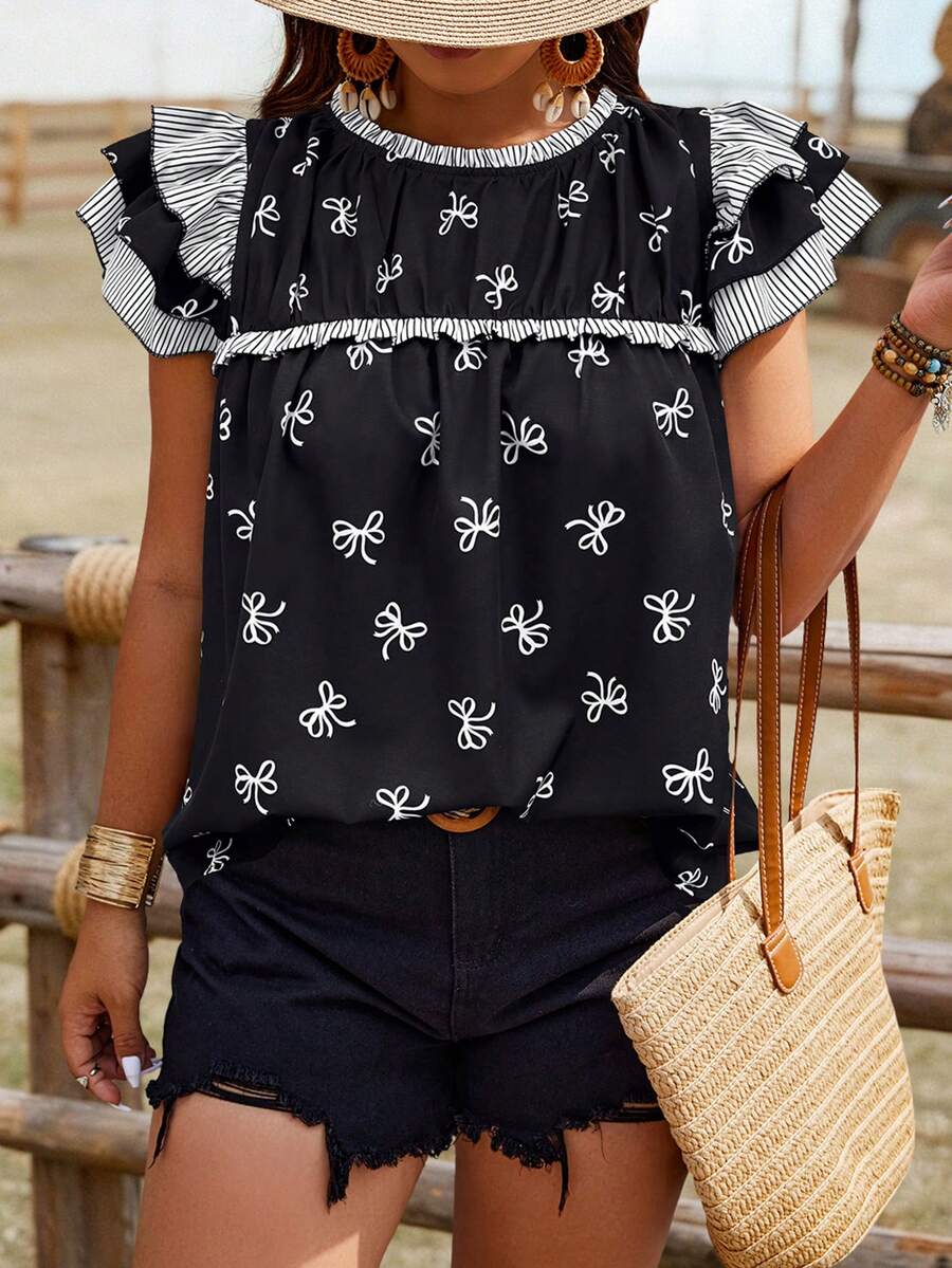 Blusa de talla grande de tela tejida con cuello redondo, manga corta con volantes, estampado de mariposa - Multicolor - Ver 1