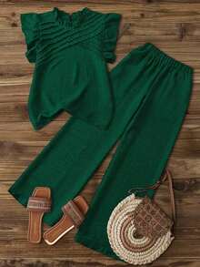 Blusa casual de mujer con decoración de volantes y mangas de campana asimétricas, Pantalones rectos casuales de mujer con cintura elástica, bolsillos laterales y pierna corta, color azul - Verde 2 - Ver 7