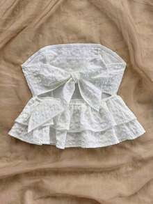 Blusa amarilla casual de verano estilo peplum sin espalda con lazo para mujer, look casual para vacaciones, almuerzo o de regreso a clases - Blanco - Ver 3