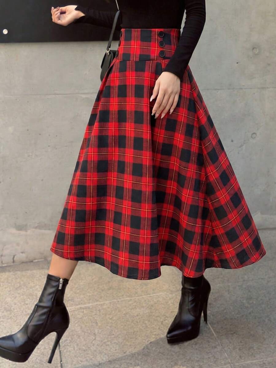 欧美时尚女装数码印花格子高腰百搭四季优雅休闲女士派对半身裙 - 酒紅色 - 查看 1