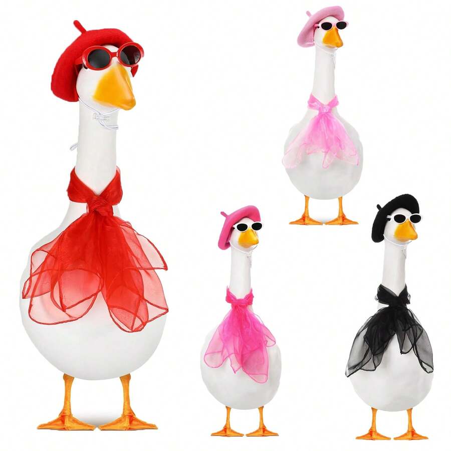 3pcs/Set 1950s French Porch Goose Costume Set, Suitable For 23" And 17" Concrete Lawn Goose Sculptures, Beret, Carnival Sculpture Decor (Red)