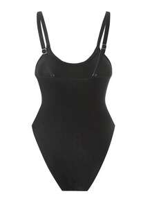 Traje de baño de una sola pieza para mujer con diseño de unicolor, tirantes, parches de malla, sexy y con recortes, estilo bohemio para festivales - Negro 2 - Ver 5