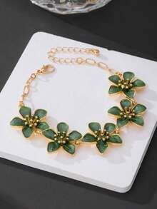 1pc Delicate Cherry Blossom Anklet, Niche Drip Oil Floral Design, Vacation Style Versatile Ankle Chain - Green - View 4