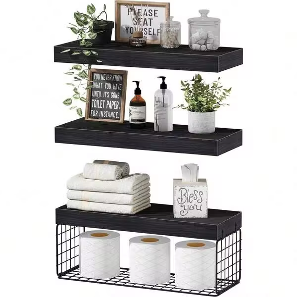 Bathroom Shelves Over Toilet - Wall Mounted Floating Shelves Toilet Paper Storage Small Farmhouse Decor Shelf 16 Inch Set Of 3, Black